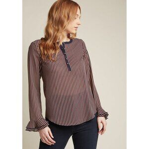 MODCLOTH Chiffon Blouse Size Medium Navy Blue Red Stripe Ruffle Trumpet Sleeves